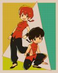  1boy 1girl black_hair braid breasts brown_eyes china_dress chinese_clothes commentary_request dress dual_persona genderswap genderswap_(mtf) kneeling monokuro_(snog) ranma-chan ranma_1/2 red_eyes redhead saotome_ranma single_braid smile standing standing_on_one_leg 