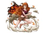  1girl barefoot boa_marigold bodskih crying curly_hair fire long_hair midriff navel official_art one_piece open_mouth orange_hair solo teeth torn_clothes transparent_background 