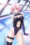  1girl adapted_costume arm_support bare_shoulders black_legwear breasts cleavage_cutout elbow_gloves eyes_visible_through_hair fate/grand_order fate_(series) gloves hair_over_one_eye highleg highleg_swimsuit highres indoors lens_flare looking_at_viewer mash_kyrielight medium_breasts navel navel_cutout one-piece_swimsuit pink_hair pool poolside railing rei_no_pool short_hair single_thighhigh smile solo sun sunday_se7en swimsuit taut_clothes taut_swimsuit thigh-highs thigh_strap violet_eyes water 