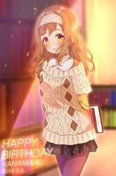  1girl bangs birthday book bookshelf character_name dated english hairband happy_birthday kunikida_hanamaru library long_hair love_live! love_live!_sunshine!! miniskirt pantyhose potate skirt solo sunlight window 