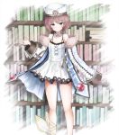  1girl bare_legs bare_shoulders blanc blue_eyes blush book bookshelf brown_hair collarbone commentary_request dress fur_trim hand_up hat looking_at_viewer neptune_(series) sarise0916 short_hair smile solo spaghetti_strap standing very_long_sleeves white_coat white_dress 