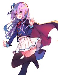  1girl :d aikatsu! ass bangs black_cape black_legwear blue_ribbon blue_shirt blush cape claws eyebrows_visible_through_hair fang fingernails hair_between_eyes hair_ribbon highres hikami_sumire long_sleeves looking_at_viewer looking_to_the_side makiaato no_shoes open_mouth panties pleated_skirt purple_hair ribbon school_uniform shirt sidelocks simple_background sketch skirt smile soles solo standing standing_on_one_leg starlight_academy_uniform thigh-highs underwear violet_eyes white_background white_panties white_skirt 