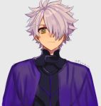  1boy armor artist_name closed_mouth fate/grand_order fate_(series) galahad_(fate) grey_background hair_over_one_eye looking_at_viewer male_focus ofstan silver_hair simple_background solo upper_body yellow_eyes 