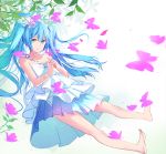  1girl alternate_costume bangs bare_arms bare_legs bare_shoulders barefoot blue_dress butterfly collarbone dress eyebrows_visible_through_hair flower full_body gradient gradient_background green_background hair_flower hair_ornament hatsune_miku layered_dress lead long_hair looking_at_viewer muko_(kokia38) own_hands_together parted_lips smile solo strapless strapless_dress twintails vocaloid 