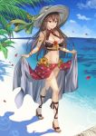  1girl artist_request blue_eyes breasts brown_hair cleavage full_body granblue_fantasy hat large_breasts long_hair navel open_mouth rosetta_(granblue_fantasy) smile solo standing 