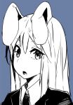  1girl animal_ears blue_background collar commentary eyes_visible_through_hair floppy_ears hair_between_eyes jacket komineya_san long_hair looking_at_viewer open_mouth portrait rabbit_ears reisen_udongein_inaba solo touhou 