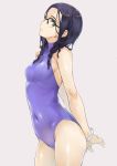  1girl arms_behind_back black_hair bracelet casual_one-piece_swimsuit covered_navel cowboy_shot darling_in_the_franxx drill_hair glasses green_eyes grey_background hair_over_shoulder highres ikuno_(darling_in_the_franxx) jewelry long_hair nagayori one-piece_swimsuit purple_swimsuit simple_background solo swimsuit turtleneck twin_drills 