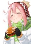  1girl beanie eating fingerless_gloves food gloves hamburger hat jacket kagamihara_nadeshiko long_hair lourie pink_hair scarf solo wavy_mouth yurucamp 