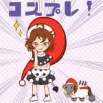  1girl ahoge artist_request blush_stickers brown_eyes brown_hair commentary_request cosplay doreking doremy_sweet doremy_sweet_(cosplay) dress emphasis_lines full_body hat head_rest highres looking_at_viewer multicolored multicolored_clothes multicolored_dress nightcap open_mouth polka_dot polka_dot_background pom_pom_(clothes) short_hair smug solo sparkle standing tail tapir tapir_tail touhou translation_request usami_sumireko white_footwear 