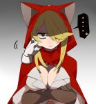  1girl ara_taro blonde_hair breasts cape cleavage gloves green_eyes hair_over_one_eye hood large_breasts original pout solo wide_sleeves 