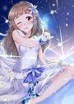  1girl anemone_noa blush brown_hair dress flower gloves hair_flower hair_ornament highres idolmaster idolmaster_cinderella_girls idolmaster_cinderella_girls_starlight_stage kamiya_nao long_hair one_eye_closed parted_lips red_eyes snowflakes solo sparkle thick_eyebrows white_dress white_gloves 
