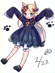  1girl :o abigail_williams_(fate/grand_order) absurdres animal_ears arms_up bangs black_bow black_dress black_footwear blonde_hair bloomers blue_eyes blush_stickers bow butterfly cat_ears chromatic_aberration commentary_request dated dress eyebrows_visible_through_hair fate/grand_order fate_(series) full_body hair_bow highres kemonomimi_mode long_hair long_sleeves looking_at_viewer mary_janes no_hat no_headwear nuko_816 open_mouth orange_bow outstretched_arms parted_bangs polka_dot polka_dot_bow shoes sidelocks signature simple_background sleeves_past_fingers sleeves_past_wrists solo underwear very_long_hair white_background white_bloomers 