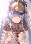  1girl absurdres altair_(re:creators) backlighting bangle bangs black_hat blush bracelet breath brown_eyes brown_scarf casual coat commentary eyebrows_visible_through_hair glint grey_coat hair_between_eyes hands_on_own_chest hat head_tilt hews_hack highres huge_filesize jewelry lips long_hair long_sleeves looking_at_viewer re:creators ring shiny shiny_hair sidelocks silver_hair solo tassel tsurime twintails upper_body winter_clothes winter_coat 