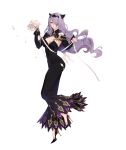  1girl alternate_costume black_footwear breasts camilla_(fire_emblem_if) cleavage closed_mouth dress fajyobore323 fire_emblem fire_emblem_if flower full_body hair_over_one_eye high_heels holding holding_flower horns large_breasts leg_up lips long_hair long_sleeves looking_at_viewer petals purple_hair ribbon simple_background smile solo standing standing_on_one_leg tiara very_long_hair violet_eyes wavy_hair white_background 