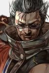  1boy auron brown_eyes brown_hair coat facial_hair final_fantasy glasses hankuri looking_at_viewer male_focus nose short_hair silver-framed_eyewear solo spiky_hair stubble upper_body v-shaped_eyebrows white_background 
