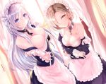  2girls apron azur_lane belfast_(azur_lane) blue_eyes bra breasts brown_hair cleavage collarbone commentary haruka_natsuki large_breasts long_hair looking_at_viewer maid maid_apron maid_headdress medium_breasts multiple_girls sheffield_(azur_lane) short_hair silver_hair underwear undressing window yellow_eyes 