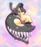  arms_up bent_elbow closed_mouth commentary creature drooling extra_mouth full_body jumping looking_at_viewer looking_back mawile no_humans open_mouth pink_background pokemon pokemon_(creature) pokemon_(game) pokemon_rse sharp_teeth smile solo sparkle teeth violet_eyes yellow_skin yiq 