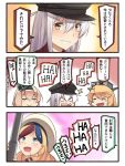  3koma 4girls :d beret blonde_hair blue_eyes blue_hair braid closed_eyes comic commandant_teste_(kantai_collection) commentary_request crown french_braid gangut_(kantai_collection) grin hair_between_eyes hat ido_(teketeke) iowa_(kantai_collection) kantai_collection long_hair mini_crown multicolored_hair multiple_girls open_mouth peaked_cap redhead remodel_(kantai_collection) scar smile speech_bubble streaked_hair translation_request warspite_(kantai_collection) white_hair white_hat yellow_eyes 