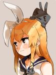  &gt;_&lt; 1girl :3 anchor_hair_ornament bare_shoulders black_neckwear blonde_hair blue_sailor_collar blush closed_mouth commentary eyebrows_visible_through_hair hair_between_eyes hair_ornament hairband ina_(1813576) kantai_collection long_hair looking_to_the_side neckerchief rensouhou-chan sailor_collar shimakaze_(kantai_collection) shirt simple_background sleeveless sleeveless_shirt smile turret upper_body weapon white_hairband x3 