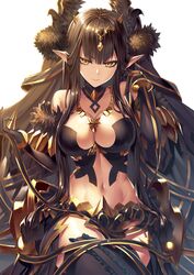  1girl black_dress black_hair breasts bridal_gauntlets cleavage closed_mouth detached_collar detached_sleeves dress fate/apocrypha fate/grand_order fate_(series) fur_trim gold hair_ornament heirou jewelry large_breasts legs_crossed long_dress navel necklace pointy_ears revealing_clothes semiramis_(fate) sitting slit_pupils spikes thigh-highs thighs toned yellow_eyes 