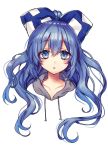  1girl :o bangs blue_bow blue_eyes blue_hair blush bow collarbone drawstring eyebrows_visible_through_hair hair_bow highres kyouda_suzuka long_hair looking_at_viewer open_mouth ponytail shiny shiny_hair simple_background solo touhou white_background yorigami_shion 