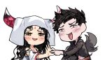  1boy 1girl bare_shoulders belial_(granblue_fantasy) black_hair chibi crossover detached_sleeves facial_mark fate/grand_order fate_(series) forehead_mark granblue_fantasy horns idk-kun long_hair penetration_gesture sesshouin_kiara simple_background smile trait_connection veil white_background yellow_eyes 