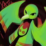  beak brown_background character_name commentary dated dutch_angle green_skin looking_away no_humans pokemon pokemon_(creature) pokemon_(game) pokemon_gsc rock-bomber signature solo wings xatu 
