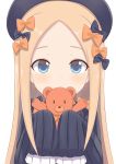  1girl abigail_williams_(fate/grand_order) absurdres bangs black_bow black_dress black_hat blonde_hair blue_eyes blush bow commentary_request covered_mouth dress fate/grand_order fate_(series) forehead hair_bow hank_(spider921) hat highres holding holding_stuffed_animal long_hair long_sleeves looking_at_viewer orange_bow parted_bangs polka_dot polka_dot_bow simple_background sleeves_past_fingers sleeves_past_wrists solo stuffed_animal stuffed_toy teddy_bear very_long_hair white_background 