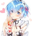  1girl bare_shoulders black_neckwear black_ribbon blue_eyes blue_hair blush breasts cinnamon_stick cleavage detached_sleeves eating eyes_visible_through_hair food food_on_face frilled_sleeves frills fruit hair_ornament hair_over_one_eye hair_ribbon hairband heart ice_cream lolita_hairband long_sleeves looking_at_viewer medium_breasts neck_ribbon pingo pink_ribbon pinky_out re:zero_kara_hajimeru_isekai_seikatsu rem_(re:zero) ribbon ribbon-trimmed_sleeves ribbon_trim shiny shiny_hair short_hair solo spoon star strawberry sundae tareme upper_body wide_sleeves x_hair_ornament 