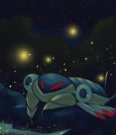  anorith black_eyes claws commentary creature dated glowing looking_away lying night night_sky no_humans on_stomach pokemon pokemon_(creature) pokemon_(game) pokemon_rse rock rock-bomber signature sky solo star_(sky) starry_sky tree water 