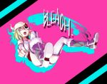  1girl amiya arrancar bikini_bottom black_footwear bleach blonde_hair boots copyright_name detached_sleeves flat_chest from_below helmet horn lilynette_gingerbuck open_mouth pink_background pointing pointing_at_viewer shadow shirt short_hair solo violet_eyes white_shirt 