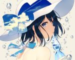  1girl :o achiki bangs bare_shoulders black_hair blue_bow blue_eyes bottle bow eyebrows_visible_through_hair from_side halterneck hat hat_bow holding holding_bottle looking_at_viewer looking_to_the_side open_mouth original ramune simple_background sky_print solo sun_hat tareme upper_body water_drop white_hat yellow_background 