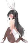  1girl animal_ears black-framed_eyewear black_hair blush brown_legwear bunny_tail closed_eyes fake_animal_ears glasses high_heels highres kantai_collection leotard long_hair mtu_(orewamuzituda) ooyodo_(kantai_collection) open_mouth pantyhose rabbit_ears simple_background solo tail tears white_background white_footwear white_leotard 