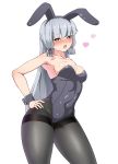  1girl animal_ears bangs bare_shoulders black_legwear black_leotard blunt_bangs blush breasts brown_eyes bunnysuit cleavage commentary_request covered_navel fake_animal_ears hair_ribbon hands headgear heart heart-shaped_pupils highres jito_mesuki_nitouhei kantai_collection leotard lips long_hair looking_at_viewer medium_breasts murakumo_(kantai_collection) open_mouth pantyhose rabbit_ears remodel_(kantai_collection) ribbon round_teeth sidelocks silver_hair simple_background solo standing strapless strapless_leotard symbol-shaped_pupils teeth thighband_pantyhose thighs tress_ribbon white_background wide_hips wrist_cuffs 
