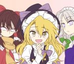  3girls :d @asn398 ascot blonde_hair blurry blush bow braid brown_hair commentary_request eyebrows_visible_through_hair glowing glowing_eyes green_bow green_neckwear hair_between_eyes hair_bow hair_tubes hakurei_reimu hand_on_own_chin hat hat_bow izayoi_sakuya juliet_sleeves kirisame_marisa long_hair long_sleeves looking_at_viewer maid_headdress multiple_girls open_mouth parted_lips puffy_sleeves purple_bow red_bow scarf short_hair silver_hair single_braid smile touhou upper_body v-shaped_eyebrows violet_eyes witch_hat yellow_eyes yellow_neckwear yellow_scarf 