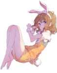  1girl :o animal_ears bangs barefoot blue_eyes blush bow brown_hair bunny_girl bunny_tail capelet curly_hair eyebrows_visible_through_hair fake_animal_ears full_body hair_between_eyes hands_up highres idolmaster idolmaster_million_live! long_hair looking_at_viewer looking_to_the_side makiaato name_tag orange_shirt orange_shorts parted_lips pink_bow rabbit_ears scrunchie shirt short_shorts shorts simple_background sketch sleeveless sleeveless_shirt solo suou_momoko tail white_background white_capelet white_scrunchie wrist_scrunchie 