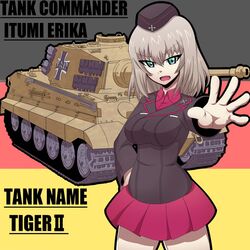  1girl aqua_eyes emblem english german_flag girls_und_panzer ground_vehicle itsumi_erika kuromorimine_(emblem) kuromorimine_military_uniform military military_vehicle moai_ex motor_vehicle silver_hair tank tiger_ii 