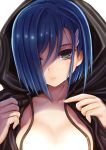  1girl blue_hair breasts closed_mouth collarbone commentary_request darling_in_the_franxx expressionless green_eyes hair_ornament hair_over_one_eye hairclip highres hood hood_up ichigo_(darling_in_the_franxx) looking_at_viewer medium_breasts shading_eyes short_hair solo tears teruru upper_body white_background 