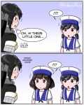  ! !! 2koma 3girls admiral_paru black_eyes blue_background brown_eyes comic commentary daitou_(kantai_collection) dress english gradient gradient_background hat headgear hiburi_(kantai_collection) kantai_collection long_hair low_twintails multiple_girls nagato_(kantai_collection) remodel_(kantai_collection) sailor_dress sailor_hat short_hair spoken_exclamation_mark triangle_mouth twintails twitter_username upper_body white_dress white_hat 