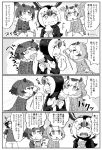  &gt;_&lt; 4koma artist_request atlantic_puffin_(kemono_friends) bird_tail coat comic commentary_request crying drooling eurasian_eagle_owl_(kemono_friends) eyebrows_visible_through_hair food fur_collar hat_feather head_wings helmet ice_cream kaban_(kemono_friends) kemono_friends licking monochrome multiple_girls northern_white-faced_owl_(kemono_friends) open_mouth pith_helmet staff tongue tongue_out translation_request 