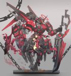  1girl absurdres black_gloves black_hair cartridge chains commentary_request covered_navel detached_sleeves gloves grey_background halo highres horns long_hair long_sleeves looking_at_viewer mecha mechanical_ears mole mole_under_eye original pelvic_curtain sitting standing sword syaha thigh-highs weapon yellow_eyes 