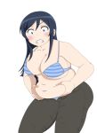  1girl alternate_breast_size aragaki_ayase ass belly belly_grab black_hair blue_bra blue_eyes blue_panties blush bra breasts cleavage clenched_teeth crotch_seam embarrassed eyebrows_visible_through_hair hair_between_eyes hips large_breasts long_hair muffin_top navel open_fly ore_no_imouto_ga_konna_ni_kawaii_wake_ga_nai panties pants plump solo thighs tight tight_pants undersized_clothes underwear weight_conscious wide-eyed 