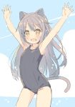  1girl :d animal_ears arms_up bangs bare_arms bare_shoulders black_swimsuit blue_sky blush brown_eyes brown_hair cat_ears cat_girl cat_tail clouds commentary_request cowboy_shot day eyebrows_visible_through_hair fang hair_between_eyes long_hair looking_at_viewer meito_(maze) one-piece_swimsuit open_mouth original outdoors outstretched_arms school_swimsuit sky smile solo swimsuit tail very_long_hair 