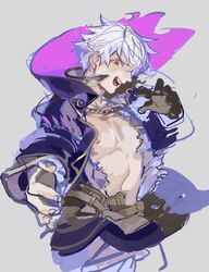  1boy dark_persona fire_emblem fire_emblem:_kakusei fire_emblem_heroes gimurei highres kohiu male_focus male_my_unit_(fire_emblem:_kakusei) my_unit_(fire_emblem:_kakusei) nipples open_mouth pectorals red_eyes robe silver_hair simple_background sketch solo tan_background torn_clothes upper_body 