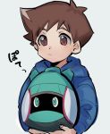  1boy blue_jacket brown_eyes brown_hair carrying closed_mouth green_eyes grey_background hayasugi_hayato jacket male_focus nakafuji_eiji shinkansen_henkei_robo_shinkalion simple_background solo spiky_hair upper_body 