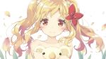  1girl blonde_hair blush bow brown_eyes closed_mouth collarbone commentary_request copyright_request hair_bow long_hair nude object_hug peko petals red_bow simple_background smile solo stuffed_animal stuffed_koala stuffed_toy twintails white_background 