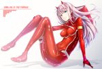  1girl blue_eyes bodysuit breasts breasts_apart copyright_name covered_navel dabadhi darling_in_the_franxx eyebrows_visible_through_hair fake_horns floating_hair full_body grey_background hand_on_own_knee highres long_hair looking_at_viewer medium_breasts pilot_suit pink_hair red_bodysuit shiny shiny_clothes sitting skin_tight solo very_long_hair zero_two_(darling_in_the_franxx) 