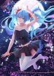  1girl :d alternate_costume arm_up backlighting bangs bare_arms bare_shoulders black_dress blue_eyes blue_hair collarbone dress eyebrows_visible_through_hair full_body full_moon fur-trimmed_dress grin hair_ribbon hatsune_miku hourglass long_hair looking_at_viewer moon moonlight muko_(kokia38) no_shoes open_mouth petals red_ribbon ribbon smile solo sparkle string teeth thigh-highs twintails very_long_hair vocaloid water_drop white_legwear zettai_ryouiki 