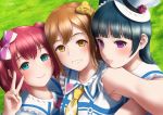  3girls :d aqua_eyes armpits bangs bare_shoulders blue_hair blunt_bangs bow brown_eyes brown_hair closed_mouth earrings frilled_shirt_collar frills grass hair_bow hair_bun hair_ornament hair_scrunchie hat hat_feather heart jewelry kunikida_hanamaru kurosawa_ruby lips looking_at_viewer love_live! love_live!_sunshine!! multiple_girls necktie open_mouth outstretched_arm papi_(papiron100) pink_hair scrunchie self_shot shiny shiny_hair shirt short_hair short_twintails side_bun signature sleeveless sleeveless_shirt smile striped striped_bow stud_earrings tareme top_hat tsushima_yoshiko twintails upper_body v violet_eyes white_hat yellow_bow yellow_neckwear 