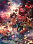  1girl :d backlighting bangs bare_legs beanie brown_hair clouds cloudy_sky cutiefly day floral_print flower full_body green_shorts hat hat_removed headwear_removed medium_hair mizuki_(pokemon_sm) naru_(andante) no_hat no_headwear open_mouth oricorio outdoors petals petilil pokemon pokemon_(creature) pokemon_(game) pokemon_sm rain red_hat ribombee see-through_silhouette shirt shorts signature sky smile sparkle swept_bangs t-shirt tree wading water wet wet_clothes wet_shirt wind wringing_clothes yellow_shirt 